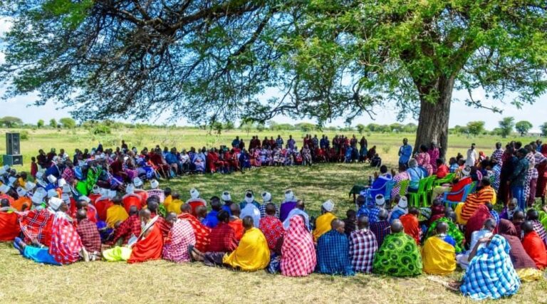 Maasai villagers gathered in a large circle